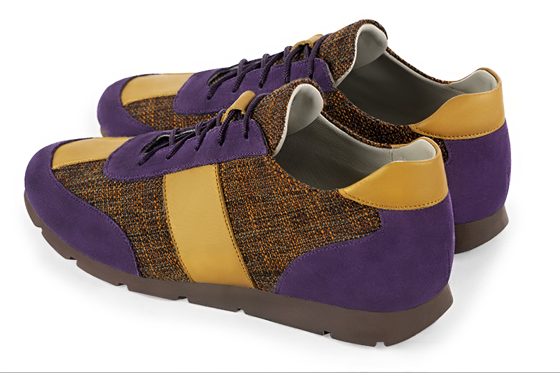 Amethyst purple, terracotta orange and mustard yellow three-tone dress sneakers for men. Round toe. Flat rubber soles. Rear view - Florence KOOIJMAN